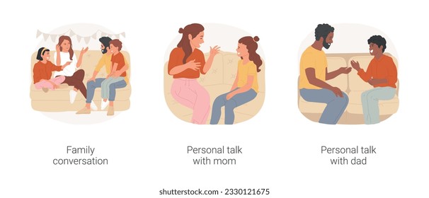 Family talks isolated cartoon vector illustration set. Family conversation, teen daughter having personal talk with mom, dialogue with dad, discussing plans, communication vector cartoon.