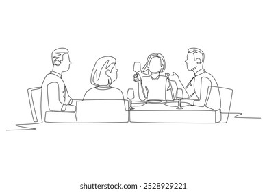 A família conversa durante o jantar. Desenho de uma linha do conceito de jantar em família