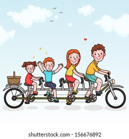 Family tandem bicycle. Happy family. Summer time.