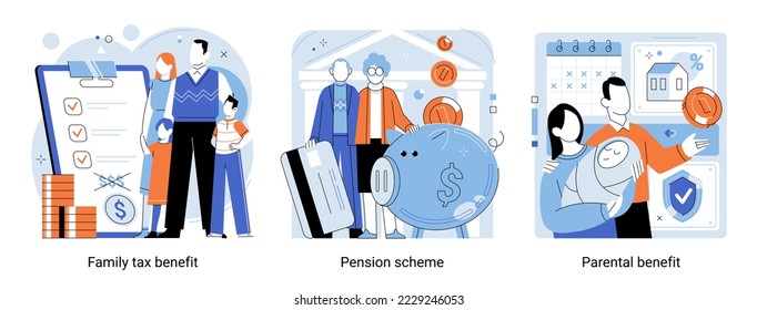 Family tax benefit, pension scheme, parental benefit scenes set. Social welfare state payment, social insurance. Finance protection of citizens. Support for pensioners and families with children svg