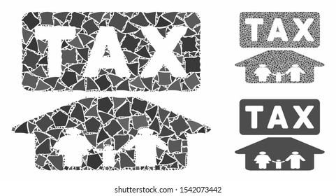 Family tax pressure composition of ragged parts in variable sizes and color hues, based on family tax pressure icon. Vector unequal items are organized into collage.