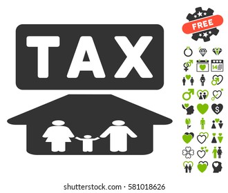 Family Tax Pressure pictograph with bonus decoration icon set. Vector illustration style is flat iconic eco green and gray symbols on white background.