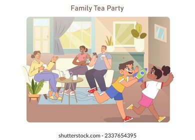 Fiesta de té familiar. Reunión familiar en casa. Primos, niños jugando unos con otros mientras los adultos toman té y hablan. Ilustración vectorial plana