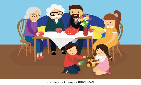 Family Tea Party With Grandparents