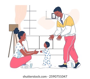 Family teaching baby to walk in living room, cartoon style, on white background. Concept of family bonding. Vector illustration