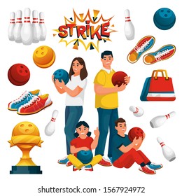 Family team plays bowling. Father, mother and two kids with bowling balls. Vector flat cartoon illustration. Game design elements, isolated on white background.