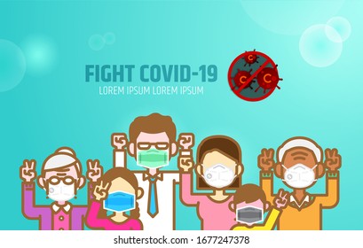 Family team power against Covid-19,Coronavirus flat design illustration. Strong and harmonious parent wearing mask for protection with hopeful hands up,show victory sign gesture together.