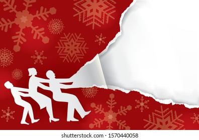 
Family Tearing Christmas Wrapping Paper, Banner Template.
Paper Family Silhouette And Red Christmas Torn Paper. Place For Your Text Or Image. Vector Available.