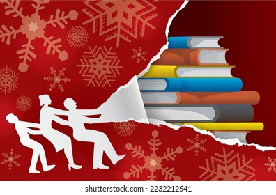 Family tearing Christmas wrapping paper, discovering books. 
Paper family silhouette and red christmas torn paper, book as christmas gift. Vector available.