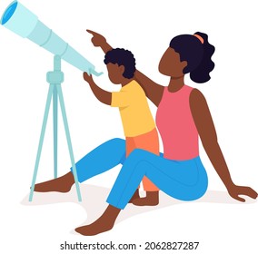 Family with telescope semi flat color vector characters. Sitting figure. Full body people on white. Space observation isolated modern cartoon style illustration for graphic design and animation