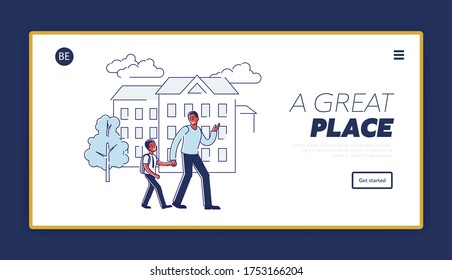 Family template page with father holding son hand and walking to school. Cartoon african dad and little schoolboy kid with schoolbag. Linear vector illustration