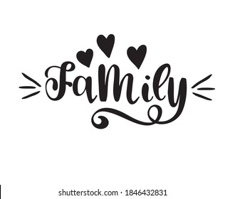 Family  text, handwritten lettering word. Harts vector illustration.