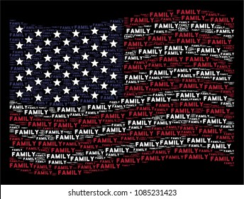 Family text items are grouped into waving USA flag abstraction on a dark background. Vector composition of American state flag is created of family text items.