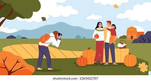 Family thanksgiving composition with autumn suburban outdoor landscape and happy family members taking photo with pumpkins vector illustration