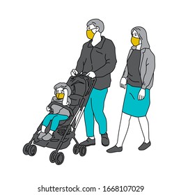 Family that lives everyday with protection from various germs By wearing a hygiene mask, Vector illustration character design and lines style.