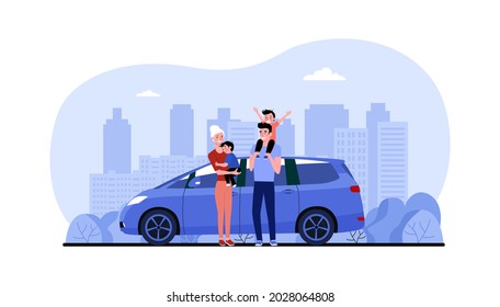 Family with their car minivan against the background of abstract cityscape. Vector illustration.