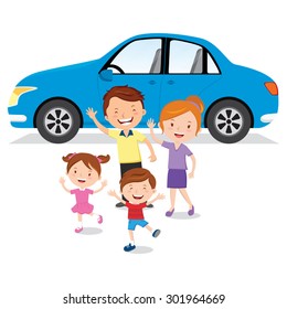 Family and their car. Vector illustration of cheerful family with their blue car.