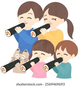 A family and their pet cat eat ehomaki during the Japanese traditional event Setsubun.