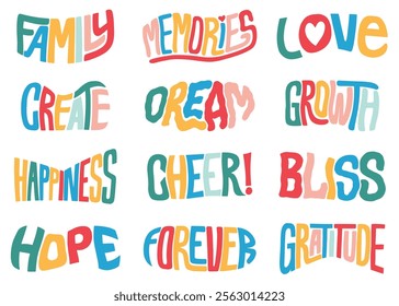 Family themed positive words lettering compilation set.  Vector Lettering design illustration for web, t-shirt design, other graphic design use