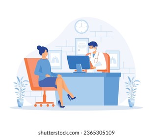  Family therapist, health care, clinic workspace concept. Doctor in mask consulting female patient.  flat vector modern illustration 