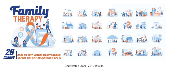 Family therapy concept illustration, collection of male and female business people scenes in the family therapy scene. mega set flat vector modern illustration