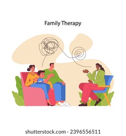 Family therapy concept. Parents and child engaging in conversation with therapist, unraveling tangled thoughts and emotions, fostering understanding. Mutual care and support. Flat vector illustration