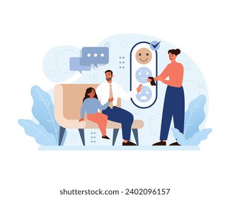 Family Therapy Concept. A therapist aids a couple in understanding their emotions, represented by smiley icons. Building stronger relationships through professional guidance. Flat vector illustration.