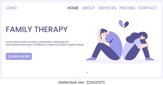 Family therapy concept web banner or landing page. Parting, breaking up relationships, misunderstanding. A man and a woman sit with their backs to each other hugging their knees