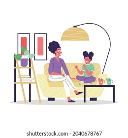 Family Therapy Or Conversation Scene With Adult Woman And Child Talking Sitting Together On Sofa, Flat Vector Illustration Isolated On White Background.