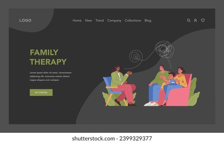 Family therapy dark or night mode web, landing. Parents and child engaging in conversation with therapist, unraveling tangled thoughts and emotions. Mutual care and support. Flat vector illustration