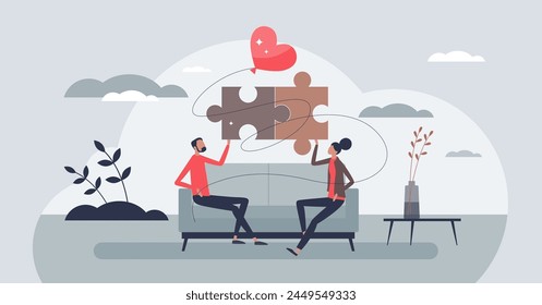 Family therapy as psychological relationship support tiny person concept. Session with talking and emotion understanding as professional marriage saving vector illustration. Problems communication.