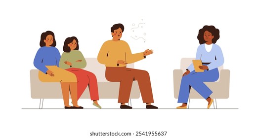 Family therapy in psychologist office. Father, mother and adolescent daughter in appointment with psychotherapist. Conflict between parents and teen girl. Mental help and support vector concept