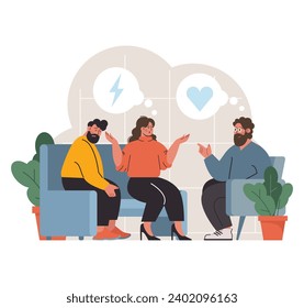 Family Therapy Session. A couple actively engages in a constructive conversation, seeking understanding and resolution, depicted by contrasting symbols of conflict and love. Flat vector illustration.