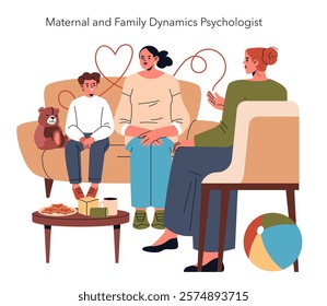 Family therapy session with a psychologist supporting mother and child. Emotional well-being in focus. Vector illustration.