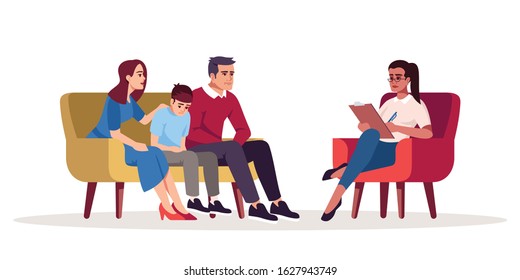 Family therapy session semi flat RGB color vector illustration. Parenting difficulties. Appointment with psychologists. Psychotherapy. Psychology consultation. Isolated cartoon character on white