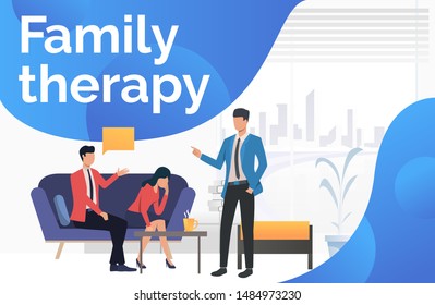 Family therapy text with couple talking to psychologist vector illustration. Mental therapy, divorce, family psychotherapist. Family therapy. Can be used for webpages, presentations, posters