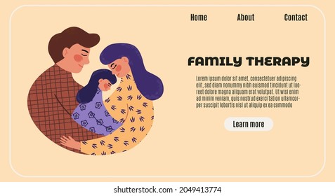 Family therapy vector flat modern banner. Horizontal psyhologist counseling landing page. Mother, father and daughter hugging and feel happy. Stable family, parents and girl embracing together