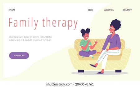 Family Therapy Web Banner Mockup With Woman Child Psychotherapist Talking To Little Girl, Flat Vector Illustration. Family Council And Counseling Service Webpage.