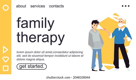 Family therapy website header mockup with grandfather talking to his teenage grandson, flat vector illustration. Landing page on topic of communication in family.