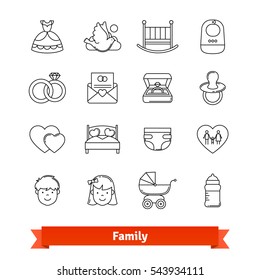 Family thin line art icons set. Engagement event, wedding ceremony, baby birth. Linear style symbols isolated on white.
