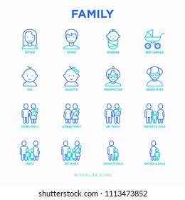 Family thin line icons set: mother, father, newborn, son, daughter, lesbian, gay, single mother and child, grandmother, grandfather. Modern vector illustration.