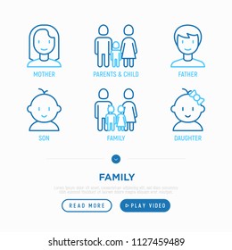 Family thin line icons set: mother, father, newborn, son, daughter. Vector illustration.