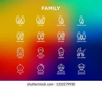 Family thin line icons set: mother, father, newborn, son, daughter, lesbian, gay, single mother and child, grandmother, grandfather. Modern vector illustration.