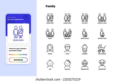 Family thin line icons set: mother, father, newborn, son, daughter, lesbian, gay, single mother and child, grandmother, grandfather. Modern vector illustration.