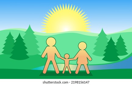 A family of three against the background of nature. Sky, sun, green trees. A symbol of family happiness and tranquility. Colorful vector illustration in a flat cartoon style.