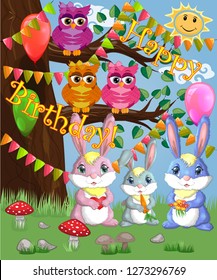 A family of three bunnies in a forest glade. Mom, dad, baby. Spring, love, postcard