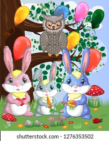 A family of three bunnies in a forest glade. Mom, dad, baby. Spring, love, postcard
