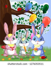 A family of three bunnies in a forest glade. Mom, dad, baby. Spring, love, postcard