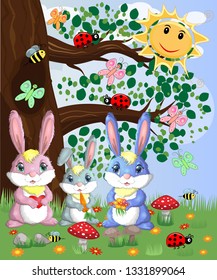 A family of three bunnies in a forest glade. Mom, dad, baby. Spring, love, postcard