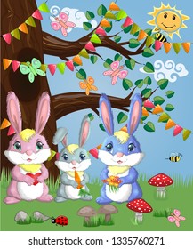 A family of three bunnies in a forest glade. Mom, dad, baby. Spring, love, postcard
